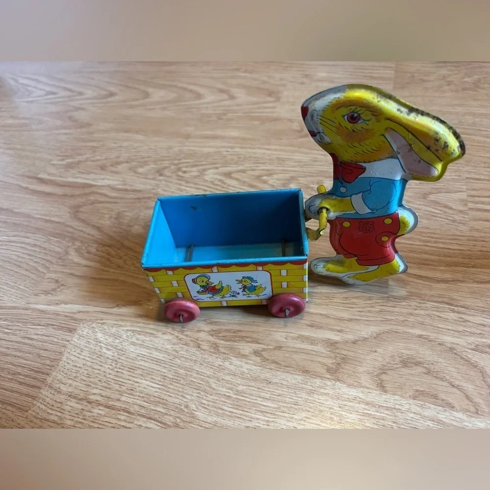 Vintage Tin Easter J Chein Tin Litho Easter Bunny- Wooden Wheels